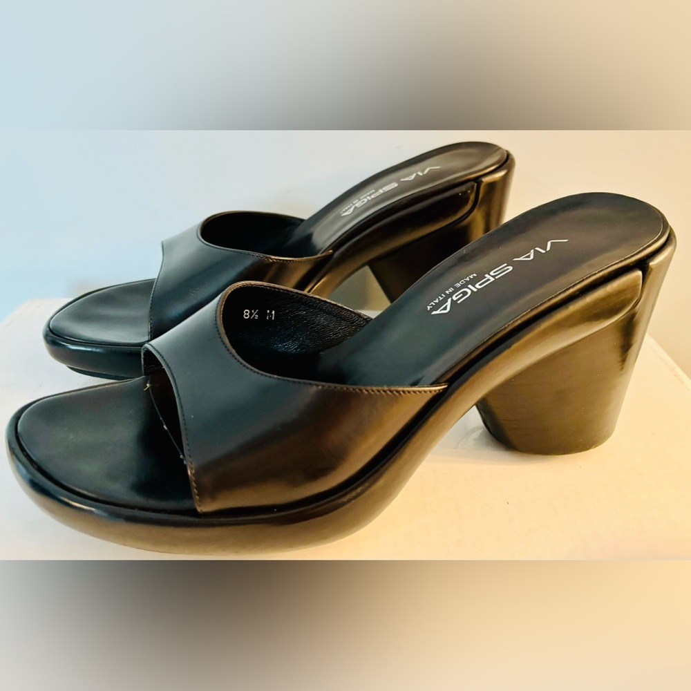 VIA SPIGA Black Leather Wedges Slides Size 8.5